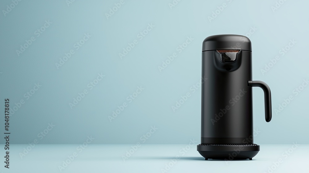 A sleek black electric kettle stands on a minimalist surface against a soft blue backdrop, combining modern design with functionality. A sleek black electric kettle stands on a minimalist surface against a soft blue backdrop, combining modern design with functionality.