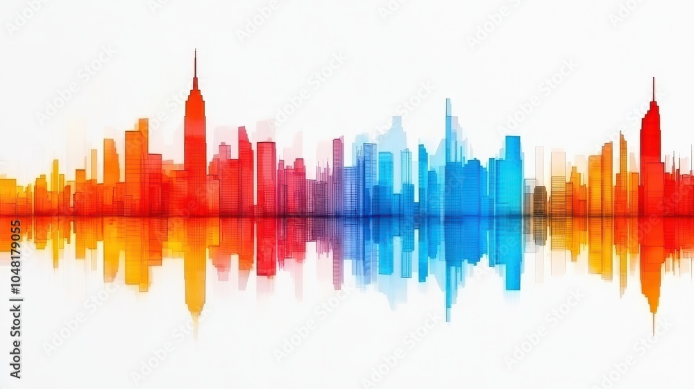 Obraz premium A vibrant watercolor skyline illustration featuring iconic buildings in orange, red, and blue tones, reflecting on a white background.
