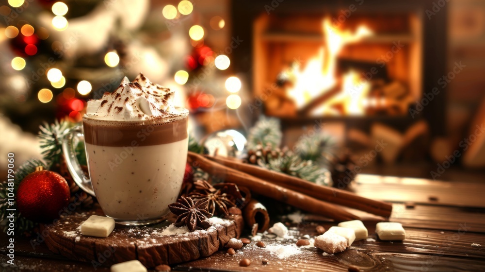 Cozy Scene with Hot Cocoa by the Fireplace Cozy Scene with Hot Cocoa by the Fireplace