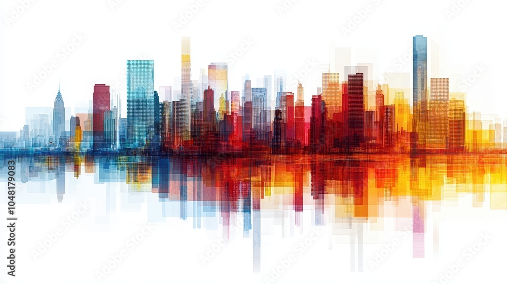 Naklejka premium A vibrant, abstract city skyline with colorful reflections in water, showcasing modern architecture and a blend of hues.