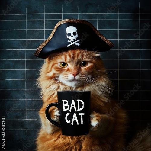 A cat wearing a pirate hat holds a mug that says 