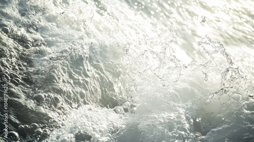 Ultra-realistic closeup of calm, desaturated transparent water surface with subtle splashes, bubbles, and sunlight reflections. Abstract nature background in white-grey tones photo