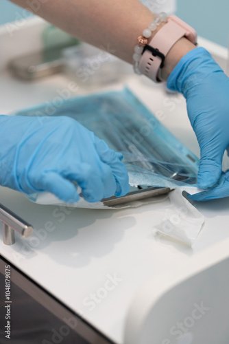 Dental professional preparing instruments for an upcoming patient appointment in a modern clinic setting during daylight hours