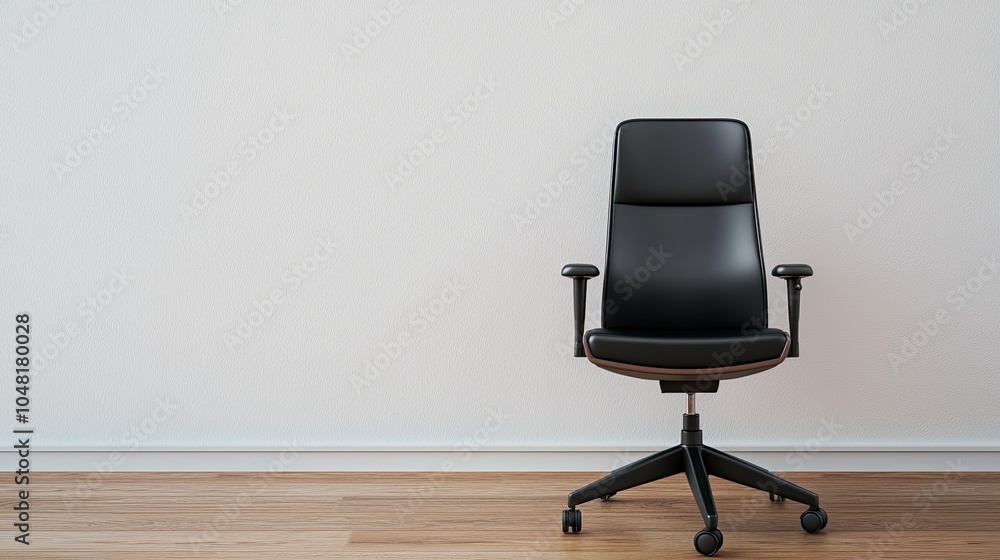 A sleek black office chair against a neutral wall, featuring a modern design and placed on a wooden floor, ideal for a professional workspace. A sleek black office chair against a neutral wall, featuring a modern design and placed on a wooden floor, ideal for a professional workspace.