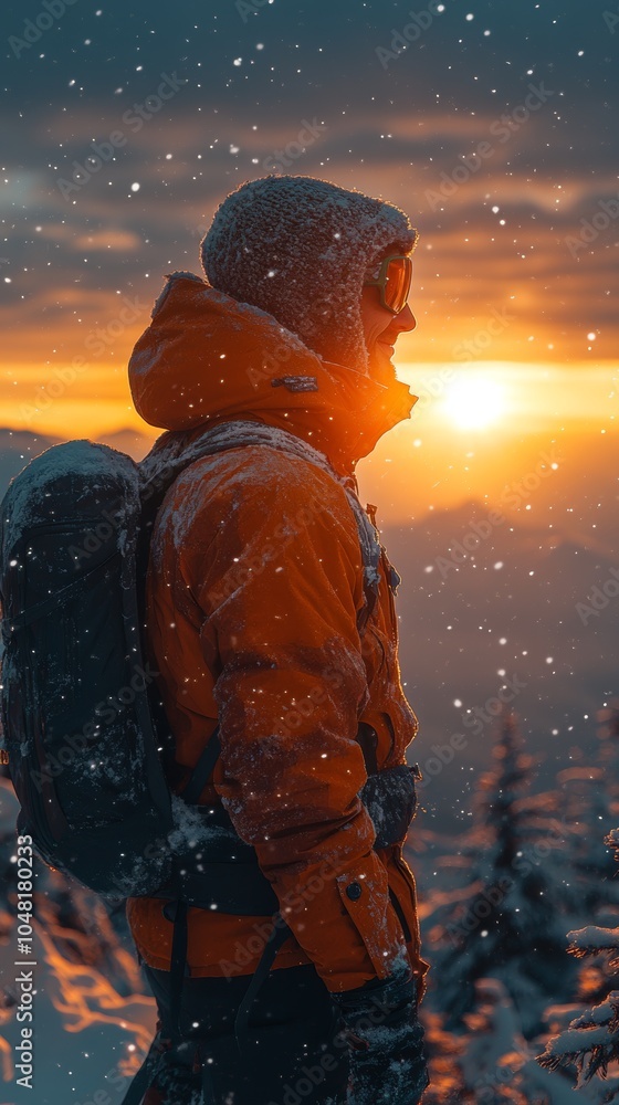 Adventurer enjoying a snowy sunset Adventurer enjoying a snowy sunset
