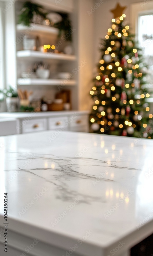 A white countertop with a blurred Christmas tree in the background. AI. A white countertop with a blurred Christmas tree in the background. AI.