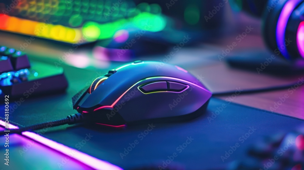 Closeup of a Gaming Mouse with RGB Lighting on a Desk Mat Closeup of a Gaming Mouse with RGB Lighting on a Desk Mat