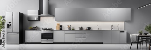 An eye-catching billboard advertisement illustration for home appliances, featuring a modern kitchen setup with a stylish refrigerator, microwave, and dishwasher