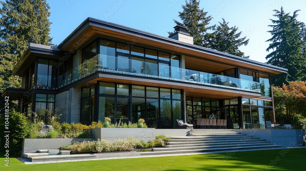 Contemporary home exterior with glass walls and high-end finishes, symbolizing wealth and cutting-edge architectural design Contemporary home exterior with glass walls and high-end finishes, symbolizing wealth and cutting-edge architectural design