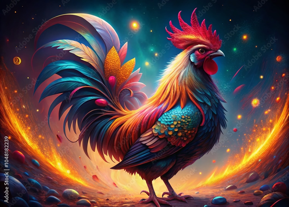 Fototapeta premium Colorful Glowing Rooster Illustration in Panoramic View - Generative AI Art