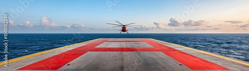 Helicopter landing pad on an oil platform, bright red warning markings, vast ocean view stretching out, soft morning light casting long shadows photo