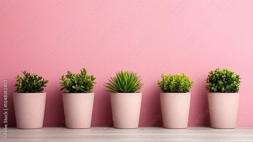 Five potted plants line up against a soft pink wall, creating a soothing and modern decorative touch to any space. Five potted plants line up against a soft pink wall, creating a soothing and modern decorative touch to any space.
