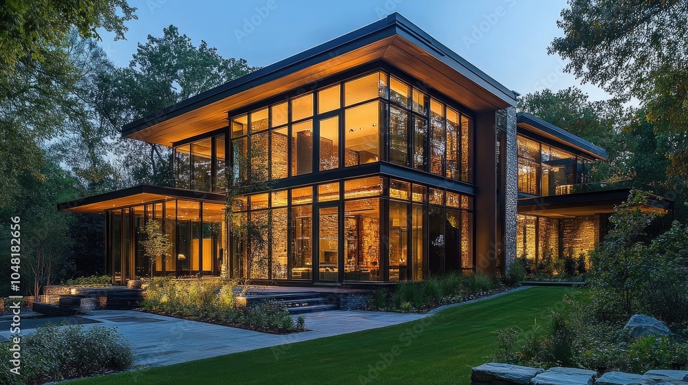 Stunning modern exterior with glass walls and luxury finishes, representing the wealth and brilliance of innovative architecture Stunning modern exterior with glass walls and luxury finishes, representing the wealth and brilliance of innovative architecture