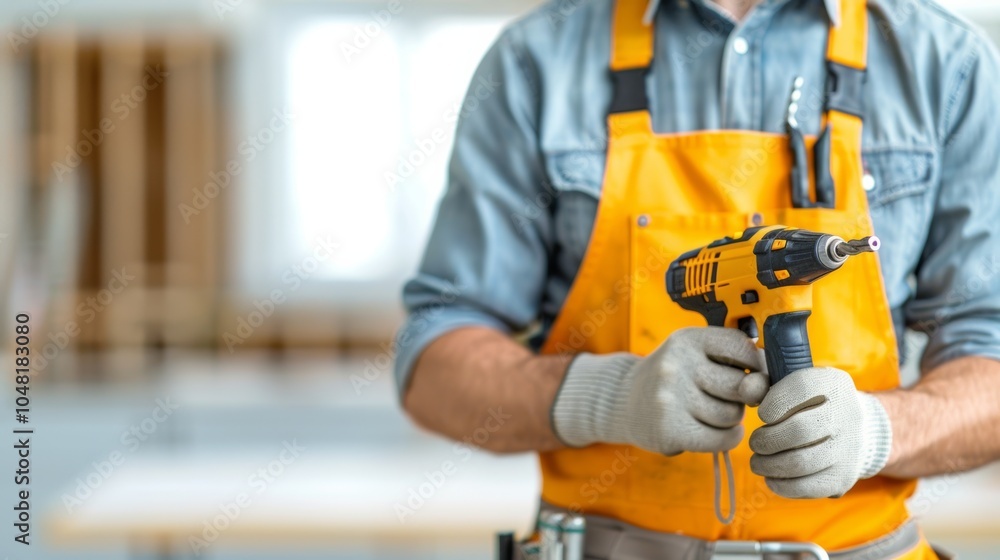 Handyman Wielding Power Drill in Partially Renovated Kitchen Space Handyman Wielding Power Drill in Partially Renovated Kitchen Space