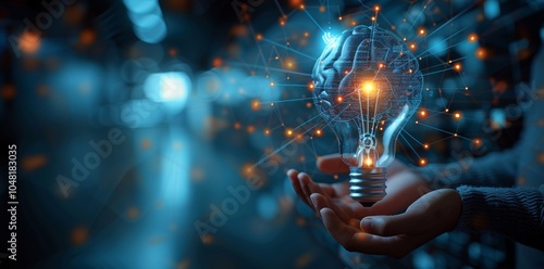 Hands Holding Lightbulb and Brain Symbol on Futuristic Technology Background for Innovation Concept photo