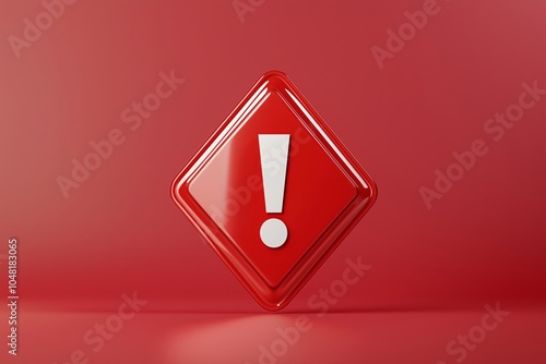 A red exclamation mark icon in a raised diamond-shaped frame floating on a red surface