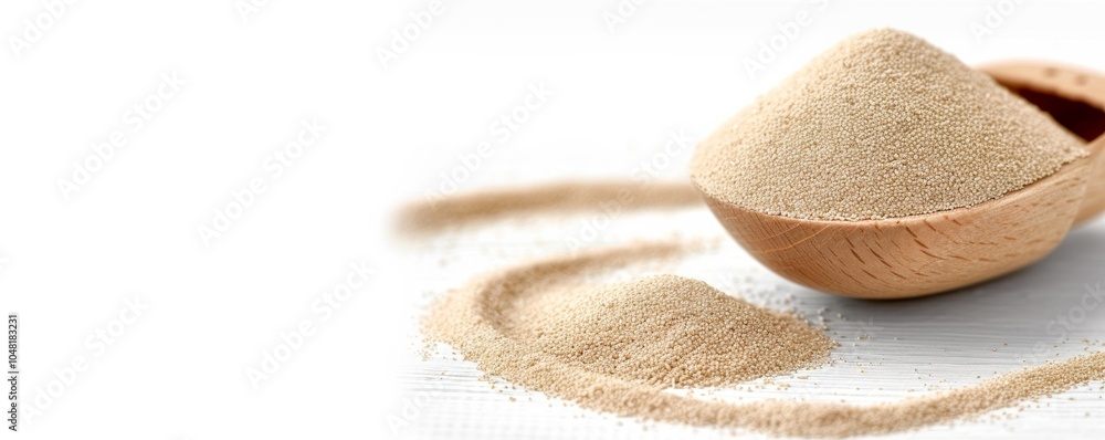 Highly Photo of Nutritional Yeast on White Background with Wooden Scoop Highly Photo of Nutritional Yeast on White Background with Wooden Scoop