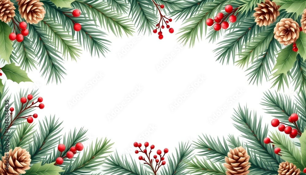 Christmas banner with fir twigs, cones, and red berries on a white background with a place for text. Xmas nature design border, text Merry Christmas, white background. Green pine, fir twigs, cones, re Christmas banner with fir twigs, cones, and red berries on a white background with a place for text. Xmas nature design border, text Merry Christmas, white background. Green pine, fir twigs, cones, re