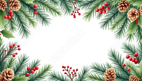 Christmas banner with fir twigs, cones, and red berries on a white background with a place for text. Xmas nature design border, text Merry Christmas, white background. Green pine, fir twigs, cones, re