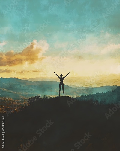 Silhouetted Warrior Pose at Tranquil Scenic Overlook with Dramatic Mountain Landscape