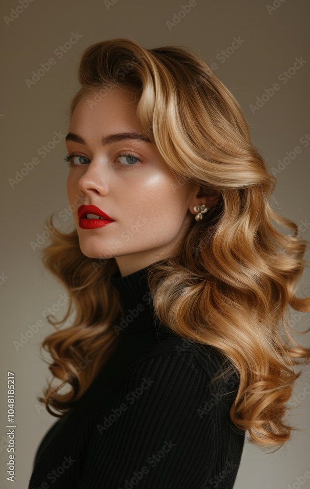 Woman with elegant wavy blonde hair and red lips. Portrait of a sophisticated woman with voluminous wavy blonde hair and bold red lipstick, exuding a timeless and glamorous style. Woman with elegant wavy blonde hair and red lips. Portrait of a sophisticated woman with voluminous wavy blonde hair and bold red lipstick, exuding a timeless and glamorous style.