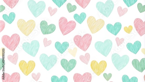 Colorful seamless pattern featuring pink yellow green and blue hearts on a white background. Happy Valentine's Day watercolor hearts background. Seamless pattern with colorful hearts