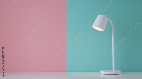 A minimalist lamp stands on a white surface, illuminated against a backdrop of pink and turquoise walls, creating a serene and stylish atmosphere.
