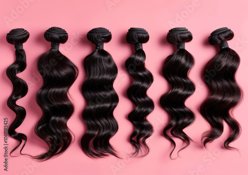 Bundles of wavy black hair extensions on pink background. A set of six wavy black hair extension bundles neatly arranged on a pink background, showcasing smooth, glossy texture and uniform waves. photo