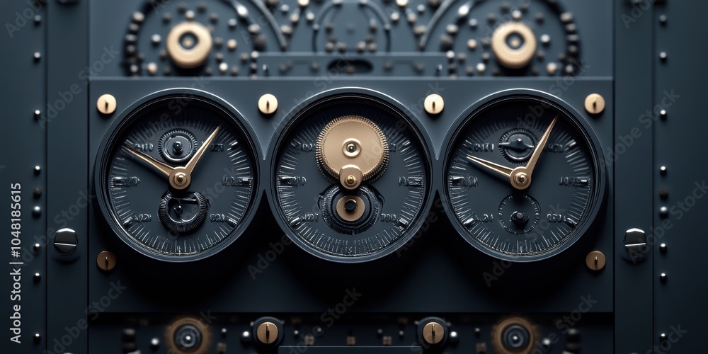 Three circular gauges on a dark panel. Three circular gauges on a dark panel.