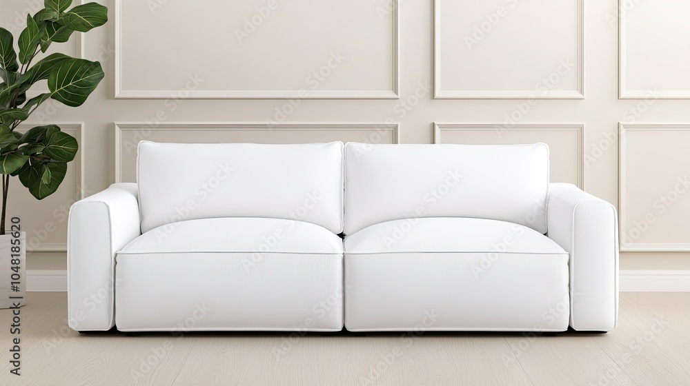 A modern, white couch is positioned against a neutral wall, complemented by a green plant, enhancing a clean, minimalist aesthetic. A modern, white couch is positioned against a neutral wall, complemented by a green plant, enhancing a clean, minimalist aesthetic.