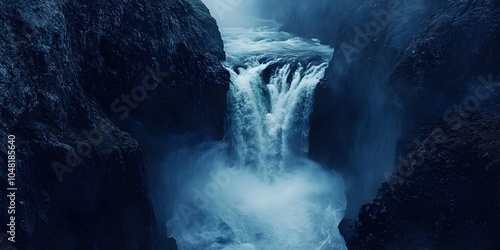 Powerful Rushing Waterfall Cascading Down Rugged Rocky Cliffs in Epic Mountain Vista photo