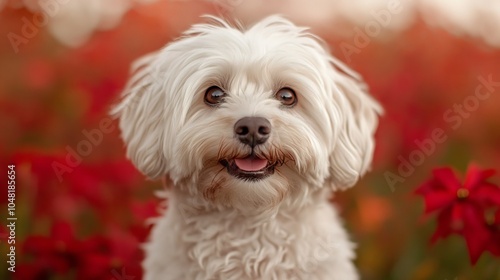 Cute White Dog with Happy Expression Against Red Flowers