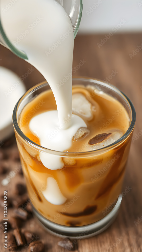 Pouring milk into coffee with ice in a glass. Pouring milk into coffee with ice in a glass.
