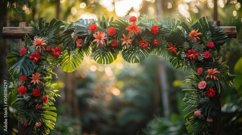 Vibrant Tropical Boho Wedding Arch with Lush Greenery and Bright Red Flowers in Serene Outdoor Setting