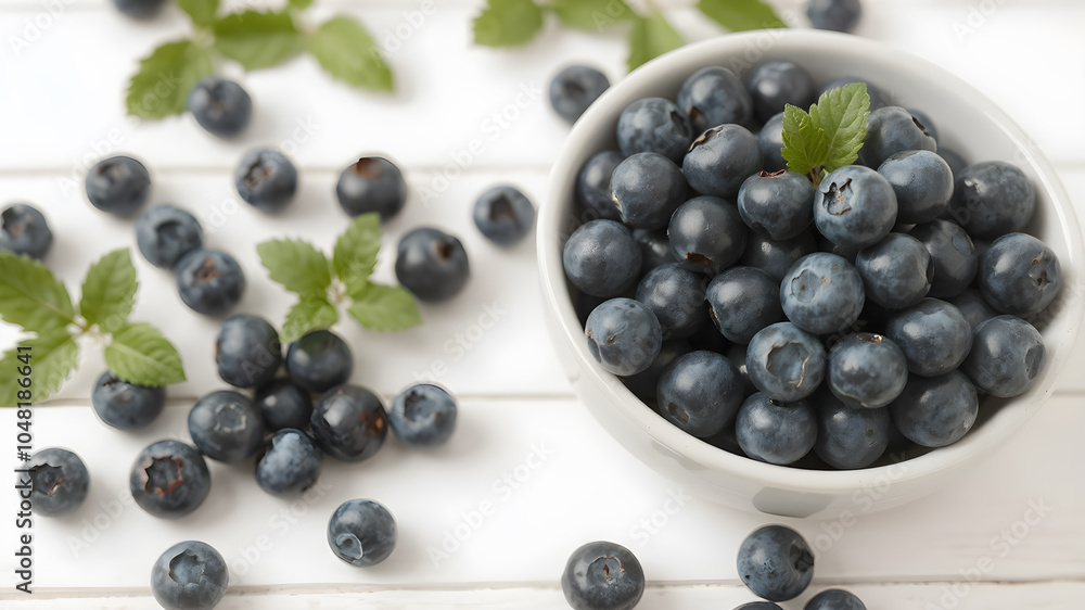 Fresh blueberries in bowl isolated on white background, top view Fresh blueberries in bowl isolated on white background, top view