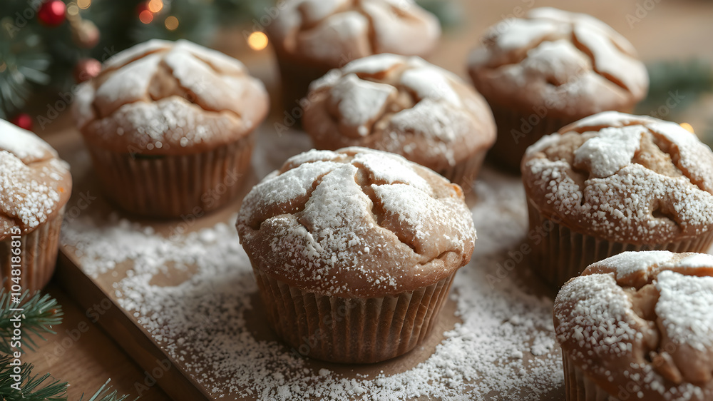 Christmas delicious muffins. Sprinkled with powder sugar. Christmas gifts and decorations on sides. Christmas delicious muffins. Sprinkled with powder sugar. Christmas gifts and decorations on sides.