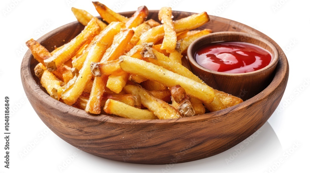 A Wooden Bowl Filled with Golden French Fries and a Small Bowl of Red Ketchup A Wooden Bowl Filled with Golden French Fries and a Small Bowl of Red Ketchup