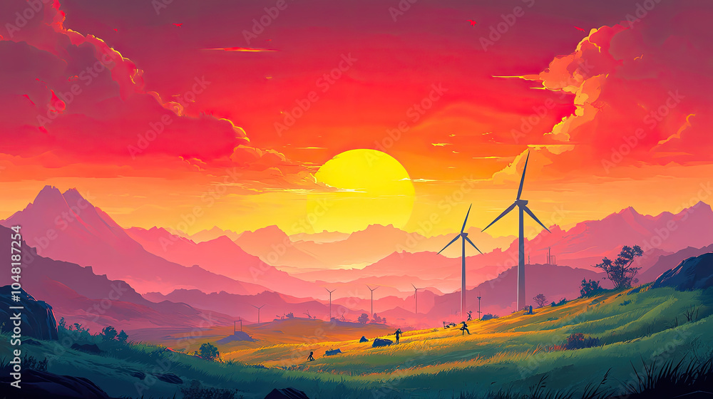 Obraz premium At sunset, wind turbines in mountainous areas