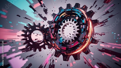 A glitchy, amorphous, and distorted digital gear background