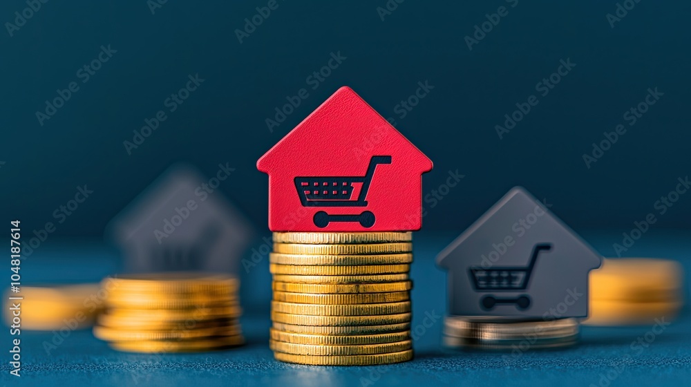 A red house symbol rests on stacks of coins, representing real estate investment, financial growth, and the connection between property and commerce. A red house symbol rests on stacks of coins, representing real estate investment, financial growth, and the connection between property and commerce.