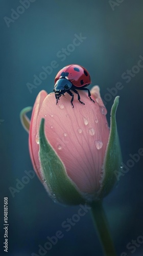 Ladybug on a pink flower bud with dew droplets photo