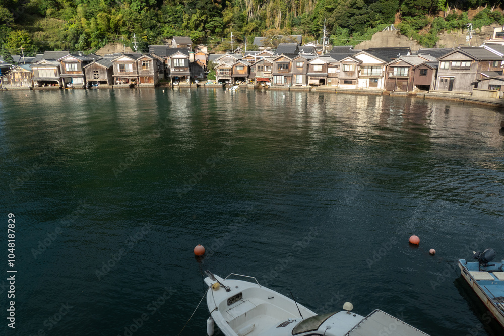 Funaya Boathouses in Ine fisherman village Kyoto Prefecture, The funayas were originally constructed to lift fishermen's wooden boats from the sea