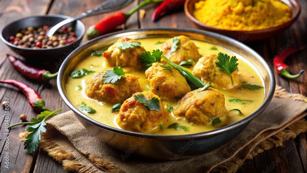 Creamy Kadhi Pakora Delight - Golden Yellow Curry with Soft Pakoras in Macro Photography Creamy Kadhi Pakora Delight - Golden Yellow Curry with Soft Pakoras in Macro Photography