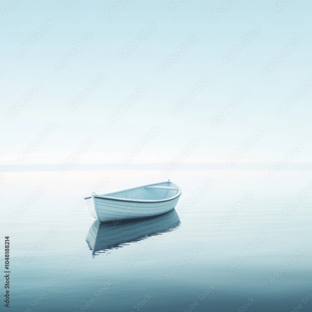 Minimalist boat on calm water, serene atmosphere Minimalist boat on calm water, serene atmosphere