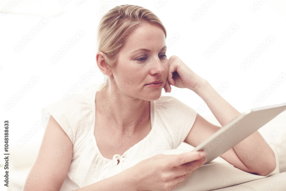 Home, bored woman and tablet for reading email, ebook or streaming movie on sofa. Lounge, relax or person with digital technology to watch show, download app or check social media profile on internet Home, bored woman and tablet for reading email, ebook or streaming movie on sofa. Lounge, relax or person with digital technology to watch show, download app or check social media profile on internet