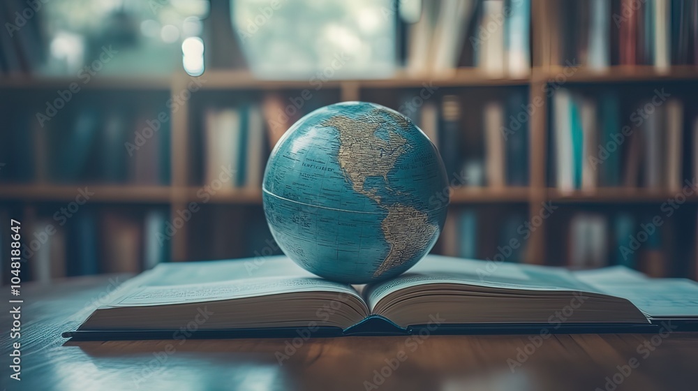Globe Resting on Open Book in a Library Setting Globe Resting on Open Book in a Library Setting