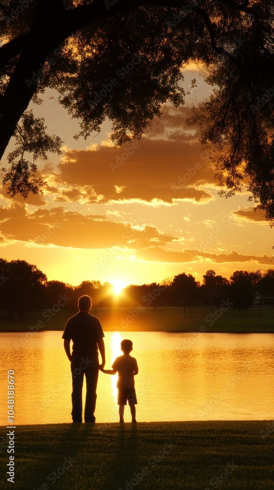 Fototapeta premium A silhouette of a parent and child by a lake at sunset, symbolizing connection and tranquility.