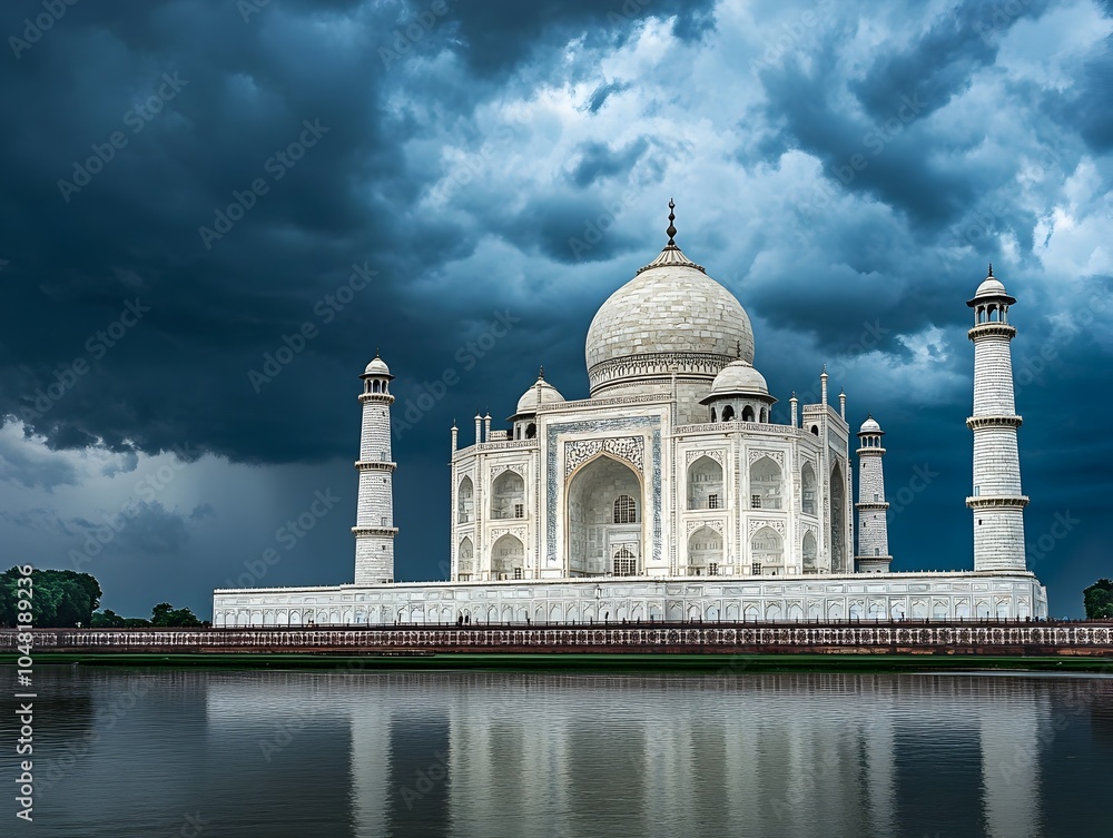 Obraz premium Dramatic Gathering Storm Over the Iconic Taj Mahal India s Architectural Masterpiece