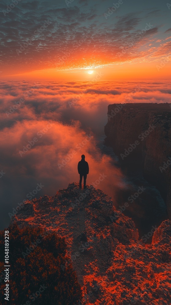 Person standing on cliff at sunset Person standing on cliff at sunset