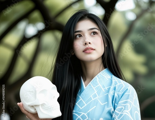 Young Woman in Blue Kimono Holding White Skull Outdoors photo